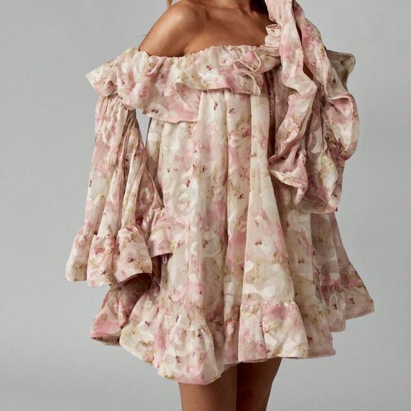 Pink Boho Women's Floral Chiffon Bardot Mini Off Shoulder Ruffle Dress - Picture 3 of 6